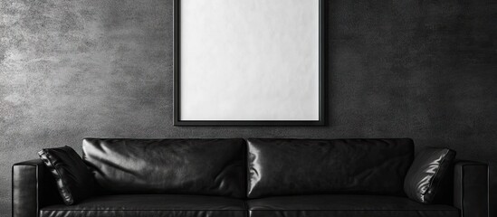 Wall Mural - Minimalist black leather sofa against a textured dark wall, featuring an empty black-framed artwork above, creating a sophisticated ambiance.