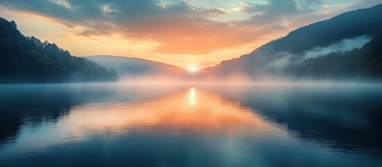 Wall Mural - serene lake at sunset with misty hills reflecting soft orange and blue hues in still water creating 