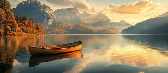 Wall Mural - serene lake at sunset with calm waters reflecting mountains and an orange-hued sky, featuring a lone