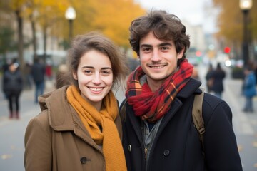 Wall Mural - A young man and woman are smiling for the camera in a city street