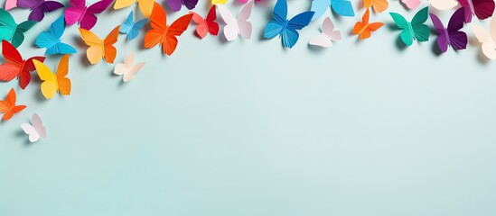 Wall Mural - Vibrant origami butterflies in shades of orange, blue, and purple scattered against a soft teal background creating a playful, joyful atmosphere