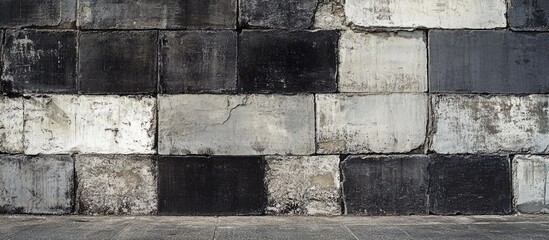 Wall Mural - Textured black and white wall with large rectangular blocks arranged horizontally showcasing weathered paint and rough surfaces in urban setting.