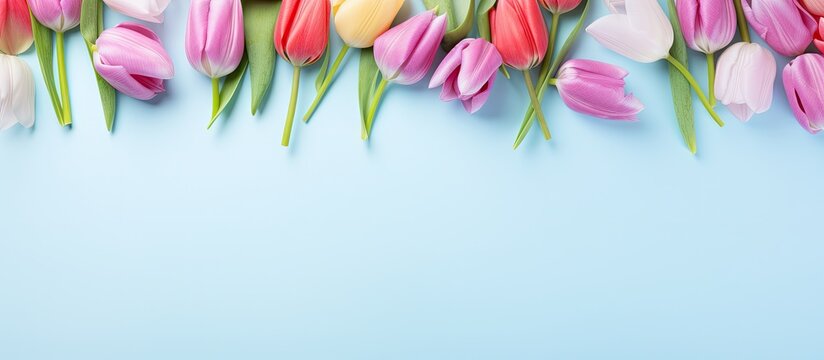 Vibrant spring tulips in pink, purple, white, and yellow arranged along the top edge of a soft blue background, creating a cheerful floral display.
