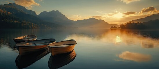 Wall Mural - tranquil lake at sunset with three wooden boats in the foreground, calm reflective waters, and majes