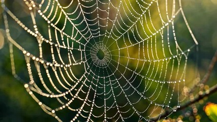Dew-Kissed Spider Web: A delicate spider web shimmers with dew drops in the soft light of dawn, showcasing the intricate beauty and fragility of nature's artistry.