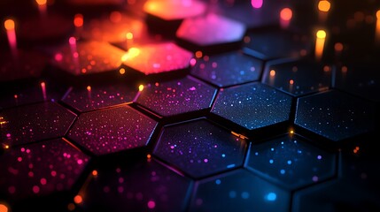 Wall Mural - a dark background with an abstract grid of glowing hexagon