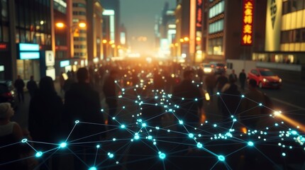 Wall Mural - Cyberpunk city street, glowing neon signs, futuristic urban landscape, crowded sidewalk, holographic floating lights, blue digital network nodes, nighttime