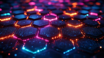 Wall Mural - a dark background with colorful hexagons and light