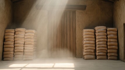 Poster - Sandy Brown Bags Stacked Neatly in a Dimly Lit Warehouse with Wooden Door