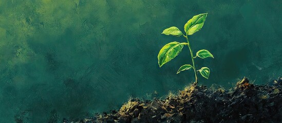 Aufkleber - Young green plant emerging from rich dark soil on the left side reaching for bright sunlight with an aged plant in blurred green background.