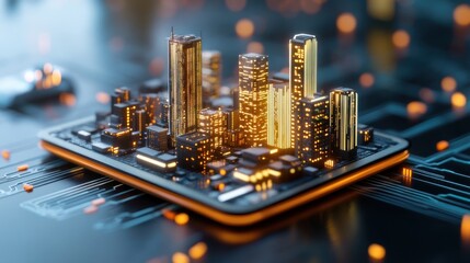 Leinwandbilder - Cityscape Model on Circuit Board with Glowing Buildings and Modern Architecture