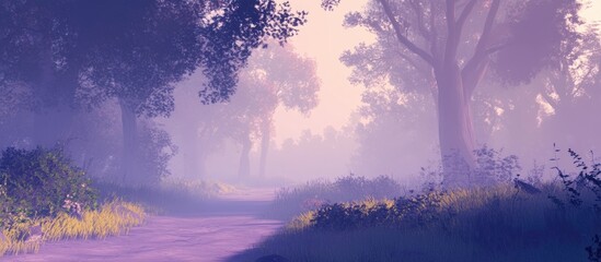 Fototapete - Serene misty forest path at dawn with soft purple hues; surrounded by trees and vegetation, creating a tranquil and mysterious atmosphere.