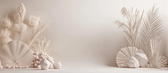 Aufkleber - Minimalistic white room background with textured 3D geometry and organic shapes arranged symmetrically on both sides for design showcase.