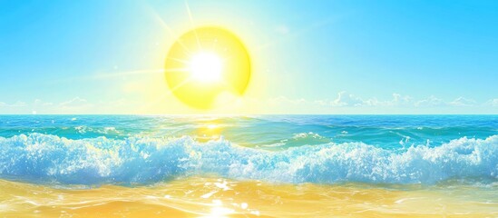 Aufkleber - Stunning ocean waves reflect a vibrant yellow sun under a clear blue sky creating a serene summer beach scene with warm sandy shores