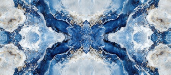 Leinwandbilder - Abstract fluid marbling design featuring swirling blue and white hues with intricate veining patterns centered in a symmetrical composition