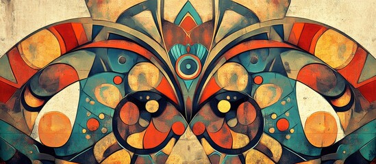 Fototapete - Intricate byzantine designs in vibrant reds, blues, and oranges create a captivating abstract background with circular shapes and patterns.