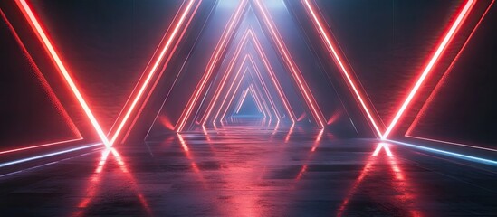 Aufkleber - Futuristic neon tunnel with red and blue triangular light beams converging at the end, reflecting on a glossy dark surface, creating depth and intrigue.