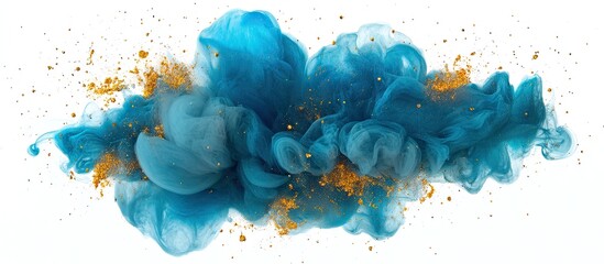 Aufkleber - Turquoise and gold abstract smoke cloud with a soft texture against a white background creating a vibrant artistic explosion of color.