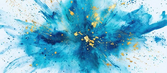 Poster - Blue and gold abstract watercolor splash with vibrant shades of turquoise and hints of gold flecks against a light background creating dynamic energy.