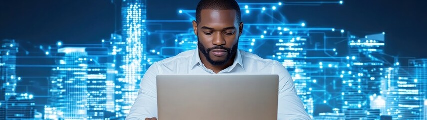 Fototapete - Professional Man Working on a Laptop Surrounded by a High-Tech Cityscape with Blue Lights