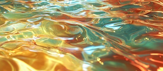 Fototapete - Holographic water surface with wavy texture in vibrant reddish and teal tones creating a mesmerizing abstract background in 3D perspective.