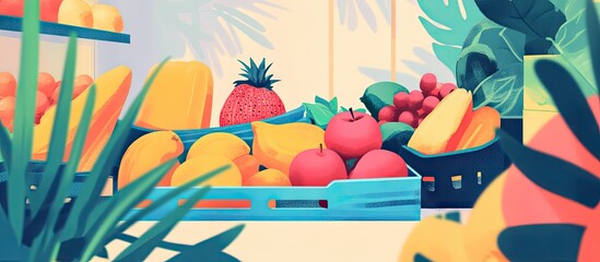 Poster - Colorful fresh grocery items including strawberries, mangoes, and apples arranged in blue crates with vibrant green leaves against a light background