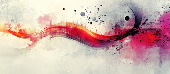 Poster - Vibrant abstract technology background with flowing red and pink waves on a soft gray backdrop, featuring splashes and dotted elements.