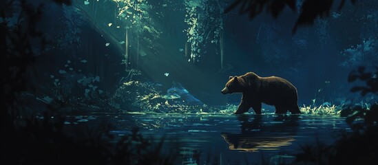 Aufkleber - Brown bear walking through a dark forest scene illuminated by soft blue-green light with reflections in calm water and lush vegetation surrounding it