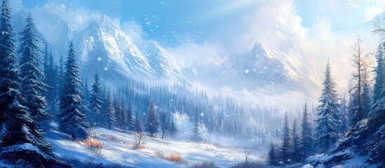 Aufkleber - Snowy mountain landscape featuring sunlit pines under a bright blue sky with a soft blurred background enhancing the serene winter scene.