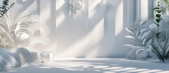 Aufkleber - Minimalistic 3D white room with soft light, featuring geometric shapes and wall decorations alongside lush greenery in a serene composition.