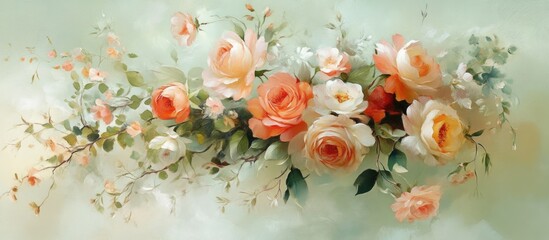 Aufkleber - Bouquet of soft pink and white roses with green leaves on a pale green background, beautifully arranged to convey warmth and elegance.
