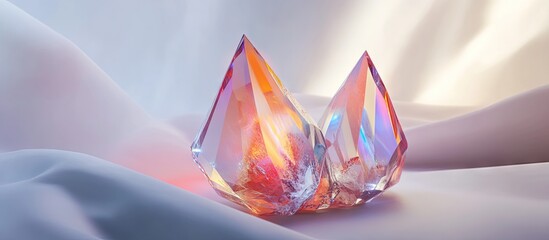 Leinwandbilder - Colorful diamond crystal light formations on soft white fabric, showcasing vibrant hues of orange and blue, creating a futuristic fantasy ambiance.