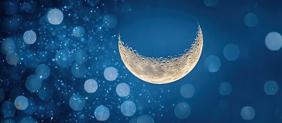 Leinwandbilder - Crescent moon glows in soft blue background with bright and soft blue bokeh circles creating a serene celestial atmosphere in night sky