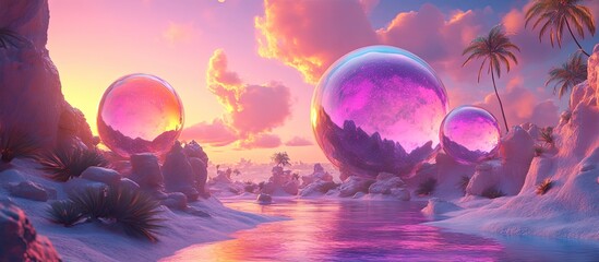 Leinwandbilder - Surreal landscape at sunset featuring large purple and pink translucent spheres reflecting clouds, with soft pink and orange hues in the sky.