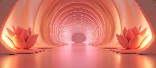 Leinwandbilder - Abstract modern interior featuring a lotus pink corridor with soft glowing lighting and elegant flower elements creating a serene visual stage.
