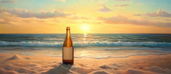 Aufkleber - Serene beach scene with a closed glass bottle at sunset, golden hues in the sky, ocean waves gently lapping at sandy shore in the foreground.