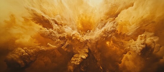 Fototapete - Explosive golden cloud formations against a dramatic orange background creating a dynamic and intense atmosphere with a sense of movement.