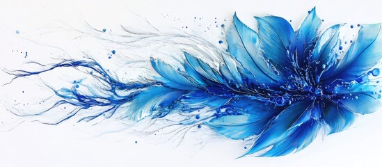 Poster - Vibrant blue feather with intricate textures against a crisp white background ideal for creative projects featuring delicate feather designs.