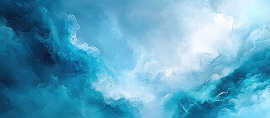 Poster - Stunning panoramic sky background featuring ethereal blue and turquoise clouds with soft white highlights creating a tranquil atmosphere.