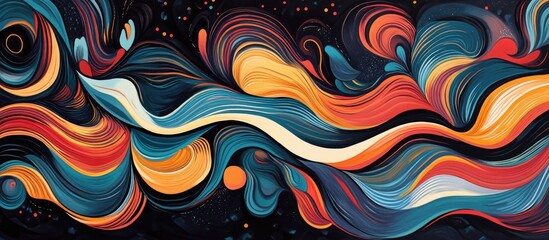Leinwandbilder - Colorful abstract waves of orange, red, teal, and white on a deep black background creating a vibrant flowing composition across the canvas.