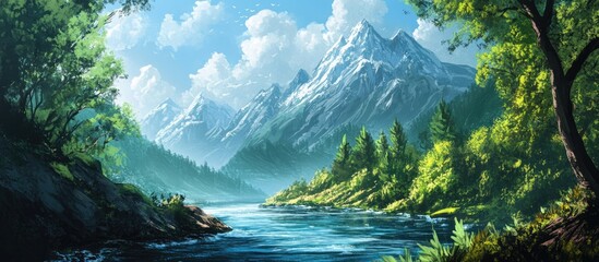 Aufkleber - Serene mountain river landscape with lush green forests under blue skies and white clouds highlighting the natural beauty of the wilderness