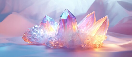 Fototapete - Vibrant 3D render of colorful diamond crystal formations illuminated in hues of pink and blue on a soft white background creating a fantasy ambiance