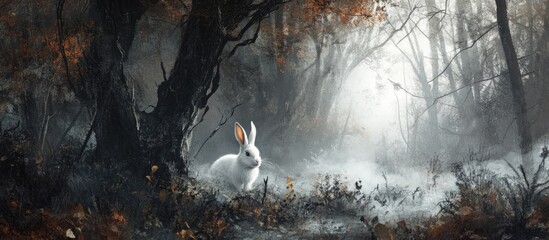 Fototapete - Eerie white rabbit sitting in misty forest with dark twisted trees and fog creating a haunting atmosphere emphasized by soft light in background