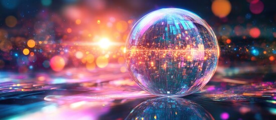 Fototapete - Colorful abstract sphere reflecting light with vibrant bokeh in the background, positioned centrally on a reflective surface, creating a mystical atmosphere.