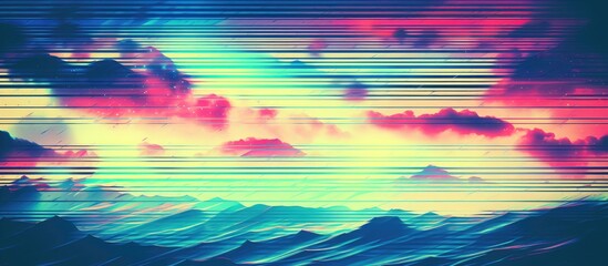 Poster - Vibrant abstract gradient background with blurred grainy texture in blue, pink, and teal hues, showcasing a soft noise glitch effect on a mountain landscape.