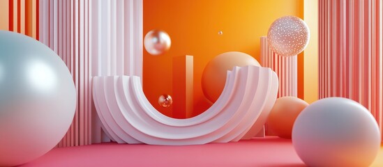 Poster - Vibrant 3D render featuring curved white shapes, soft spheres, and dynamic orange backgrounds with pink floor creating a modern artistic scene