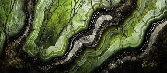 Leinwandbilder - Intricate green and black agate stone texture with layered patterns and painted grunge style, showcasing vivid organic details and depth.