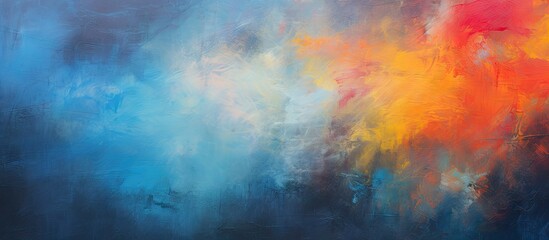 Poster - Colorful abstract painting with vibrant blue, orange, and yellow hues on a dark background, blurred effect for an artistic gallery feel.