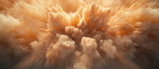Poster - Dynamic explosion of orange and brown smoke billowing upward against a dark background, showcasing powerful force and dramatic textures.