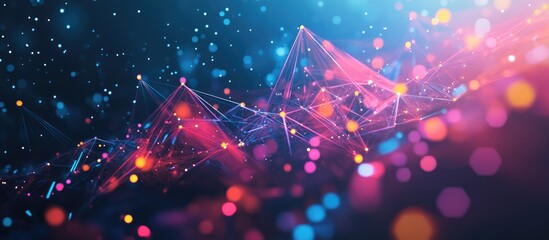 Fototapete - Vibrant geometric shapes in blue pink and purple with glowing dots create a modern data analysis theme ideal for business and technology design